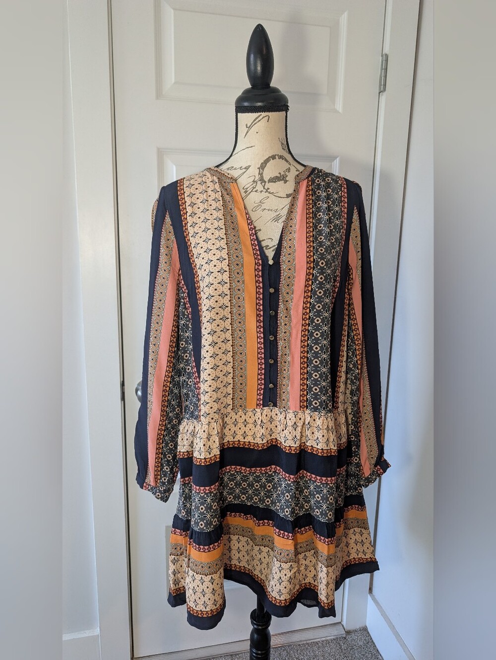 Bohemian Loft Stripe Print Navy and Rust Dress Size S